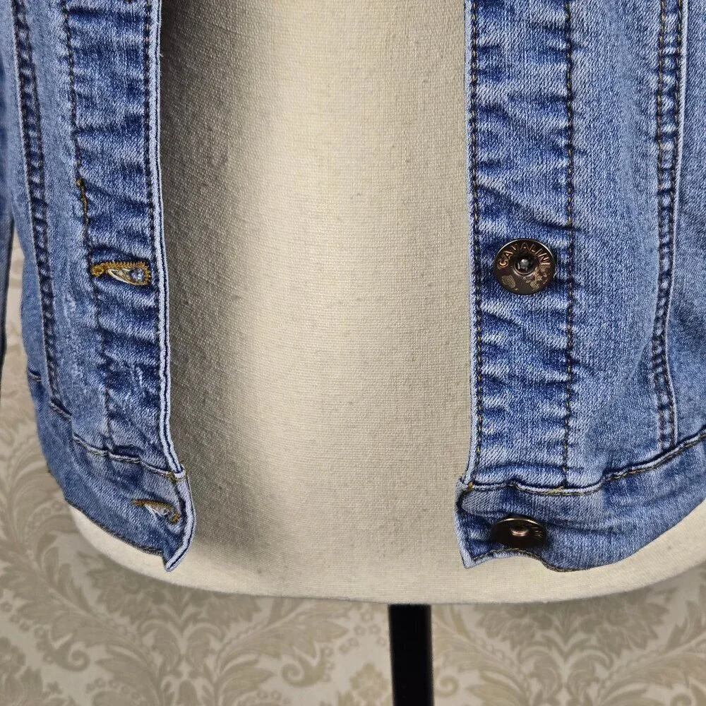 Cavalini Size Small Blue Denim Jean Jacket Button Front Pockets Long Sleeve